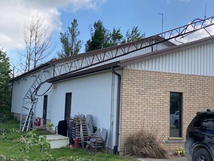 A communication tower fell on the Brooke-Alvinston Fire Hall in storms on July 21, 2023. Photo courtesy of Mayor David Ferguson.