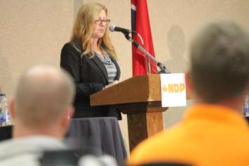 Essex NDP candidate Tracey Ramsey speaks at a debate, September 30, 2015. (Photo by Jason Viau)