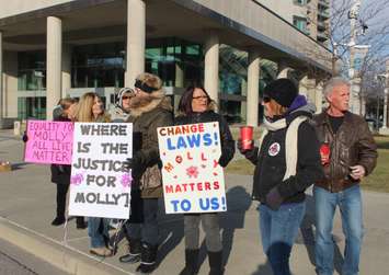 A group of protesters outside the provincial court house as the preliminary hearing for Matthew Brush gets underway, January 28, 2016. (Photo by Maureen Revait) 