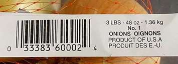 Label for a brand of onions recalled, November 9, 2021. Photo courtesy Canadian Food Inspection Agency.