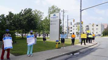 A group of Sarnia-Lambton healthcare workers rallying at Bluewater Health's Sarnia site, demanding pandemic pay be given to all hospital professionals. 10 June 2020. (BlackburnNews.com photo by Colin Gowdy)