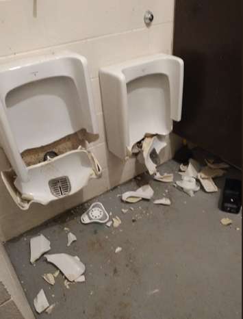 Vandalism at Glen Mickle Men’s Washroom. January 9, 2019. (Photo courtesy of the Municipality of Chatham-Kent via Twitter).
