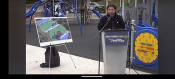 Windsor Ward 3 Councillor Renaldo Agostino unveils the new Legacy Park in downtown Windsor, December 14, 2022. Screenshot from City of Windsor/Facebook.