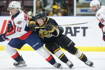 Sarnia Sting forward Max Namestnikov battles with Windsor's Ryan Abraham.  26 April 2022. (Metcalfe Photography)