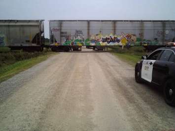 A tractor trailver involved in crash with a train east of Mitchell on August 28, 2017. (Submitted photo by OPP)