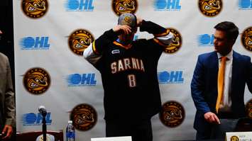 Sarnia Sting welcomes Josh Jacobs to the hockey club. June 1st, 2015 (photo by Jake Jeffrey blackburnnews.com)