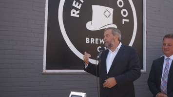 Federal NDP leader Tom Mulcair discusses tax rate cuts for small Canadian businesses at Refined Fool Brewery in Sarnia July 23, 2015 (BlackburnNews.com Photo by Briana Carnegie)