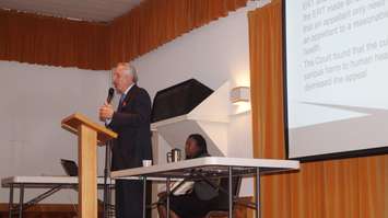 Julian Falconer addresses crowd at Camlachie Community Centre May 26, 2015. (BlackburnNews.com Photo by Briana Carnegie)