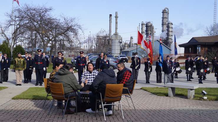 Drumming during Remembrance Day service at Aamjiwnaang First Nation. November 10, 2023. (Photo by Natalia Vega)