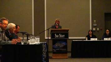 Moderator Sue Storr and three local federal candidates at Wednesday's debate streamed live on CHOK. October 7, 2015 (BlackburnNews.com Photo by Dave Dentinger)