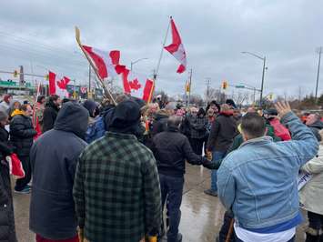 Protestors on Huron Church Road in Windsor, February 11, 2022. Photo by Maureen Revait/WindsorNewsToday.ca.