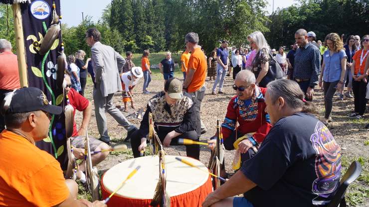 Drummers at a site preparation ceremony for the Indigenous Outdoor Gathering Space at Lambton College. 21 June 2023. (Photo by Sarnia News Today)