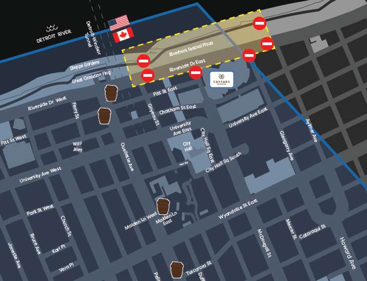 A map showing viewing area, street closures, and hot beverage zones in downtown Windsor for the Detroit Lions' drone show on January 10, 2025. Map courtesy TWEPI