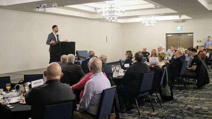 Ontario Minister of Energy and Electrification Stephen Lecce speaking at the annual Breakfast with MPP Bob Bailey event, organized by the Sarnia Lambton Chamber of Commerce. January 14, 2025. (Photo by Natalia Vega)