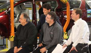 FCA President Sergio Marchionne, Unifor President Jerry Dias, Unifor Local 444 President Dino Chiodo and Plant Manager Michael Breida at the launch of the 2017 Chrysler Pacifica, May 6, 2016. (Photo by Maureen Revait) 