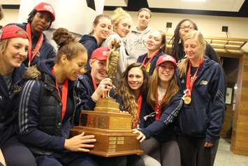 Windsor Lancers women's basketball team arrives at Windsor airport after winning their fifth-straight national championship. (Photo by Jason Viau)