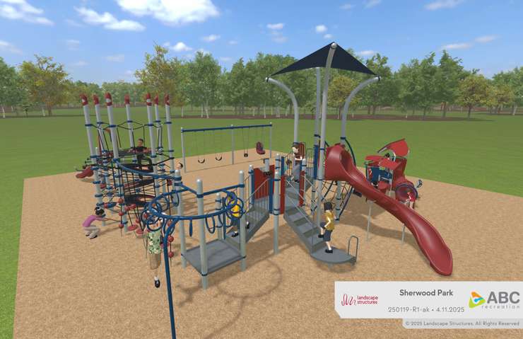 An artist rendering of new playground equipment at Sherwood Park. Landscape Structures image created for ABC Recreation courtesy of City of Sarnia.