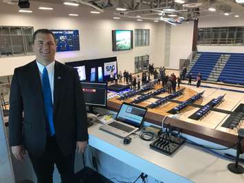 Lambton College Vice President of Student Success & Campus Services Rob Kardas stands in the new media booth in the Athletics & Fitness Complex.  October 18, 2018 Photo by Melanie Irwin
