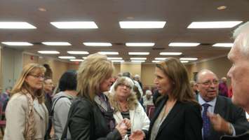 Mulroney speaks to a Sarnia-Lambton resident during her visit to the Holiday Inn Point Edward. March 3, 2018. (Photo by Colin Gowdy)