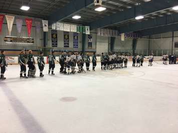 The handshake after Game 6 of the PJHL Pollock Division Final. (Photo by Ryan Drury)