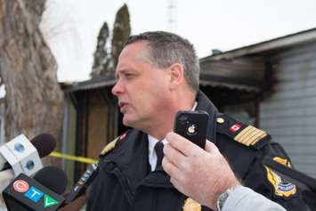 Deputy Fire Chief Brian McLaughlin speaks with media following a fire at a mobile home in Windsor.  (Photo by Roy Kang.)