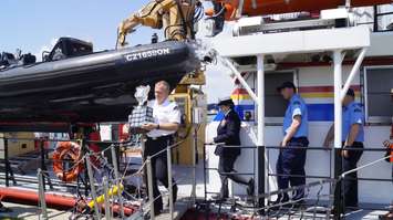 The Memorial Cup is loaded on the Canadian Coast Guard Ship Constable Carriere to travel to the Memorial Cup host city of Windsor.  May 18, 2017 (Photo by Melanie Irwin)