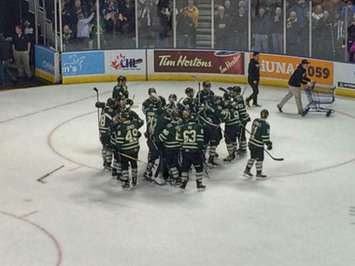The London Knights celebrate after beating the Windsor Spitfires in Game 7, April 4, 2017. (Photo courtesy of Steve Stax)