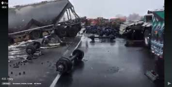 Screenshots from OPP_WR Periscope video. Fiery tractor trailer collision on Hwy. 401 near Woodstock. February 10, 2016.