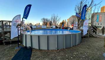 The pool for the annual Polar Plunge for Special Olympics Ontario is seen outside the Windsor International Aquatic Training Centre on February 29, 2024. Photo courtesy LaSalle Police Service/Facebook.