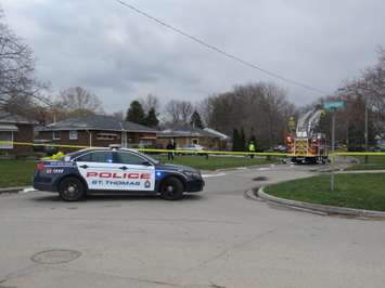 Fire officials investigate a vehicle explosion at a home on Wood St. in St. Thomas. (Photo by Miranda Chant, BlackburnNews.com)