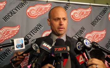 Detroit Redwings Head Coach Jeff Blashill speaks to media during the funeral visitation for Gordie Howe, June 14, 2016. (Photo by Maureen Revait) 