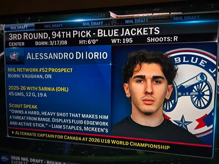 Sarnia Sting Captain Alessandro Di Iorio drafted by Columbus - Jun. 27/26 (Photo via NHL Network)