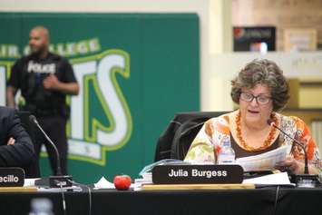 Trustee Julia Burgess talks about school closures, October 13, 2015. (Photo by Jason Viau)
