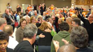 Essex NDP Candidate Tracey Ramsey arrives at her election party, October 19, 2015 (Photo by Jake Kislinsky)