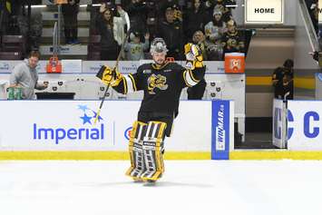 Sarnia Sting goaltender Ben Gaudreau following a game between the Sting and Hamilton Bulldogs. 15 March 2023. (Metcalfe Photography)