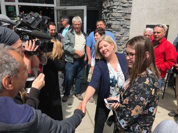 NDP Leader Andrea Horwath and Sarnia-Lambton candidate Kathy Alexander meet with supporters at Blackwater Coffee during a campaign stop in Sarnia. June 4, 2018. (Photo by Melanie Irwin)