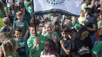 Students celebrate Franco-Ontarian Flag Day at the Seaway Parkette in Sarnia. September 25, 2019. (BlackburnNews photo by Colin Gowdy)