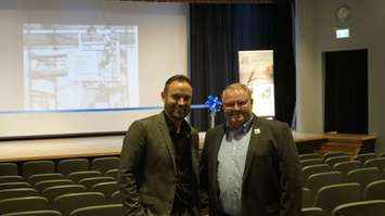 Cultura Service Division GM Andrew Meyer and Lambton County Warden Bill Weber at ribbon cutting for renovated Sarnia Library Theatre. September 27, 2019. (BlackburnNews.com photo by Colin Gowdy)
