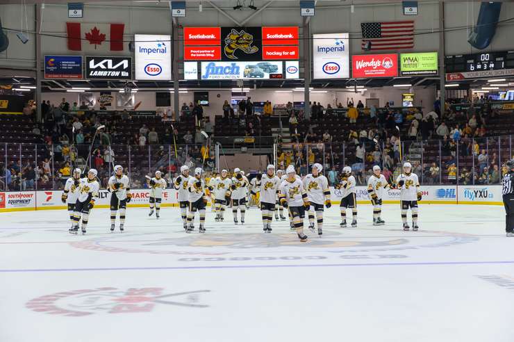 Sudbury Wolves at Sarnia Sting, Sept 26, 2025. Photo by Metcalfe Photography. 