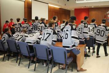 Members of the LaSalle Vipers prepare for a group photo at LaSalle Town Council, September 10, 2019. Photo by Mark Brown/Blackburn News.
