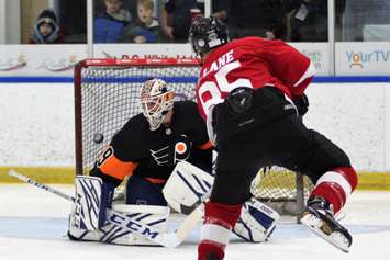 A player takes a shot on former NHL goalie Michael Leighton during the two-day Play For a Cure fundraiser at the Vollmer Complex in LaSalle, April 8, 2022. Submitted photo.