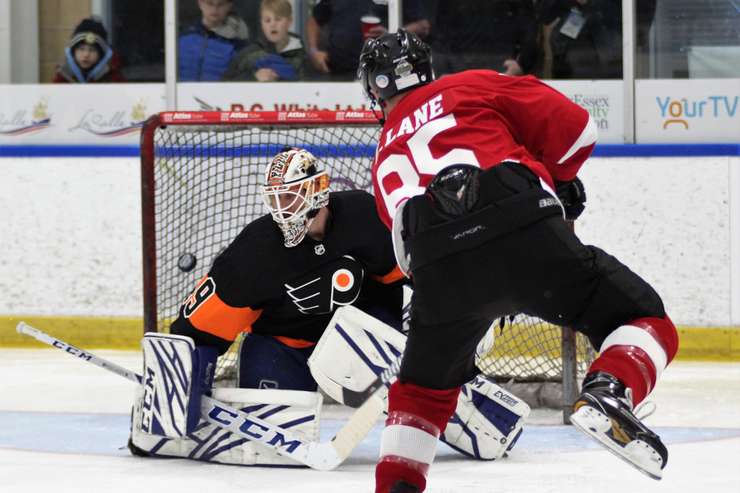 A player takes a shot on former NHL goalie Michael Leighton during the two-day Play For a Cure fundraiser at the Vollmer Complex in LaSalle, April 8, 2022. Submitted photo.
