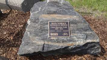 Boulder at the Ron Yorke Bridge dedicated to the former Bluewater Trail's Chair member, Ron Yorke. June 29, 2015 (BlackburnNews.com Photo by Briana Carnegie)