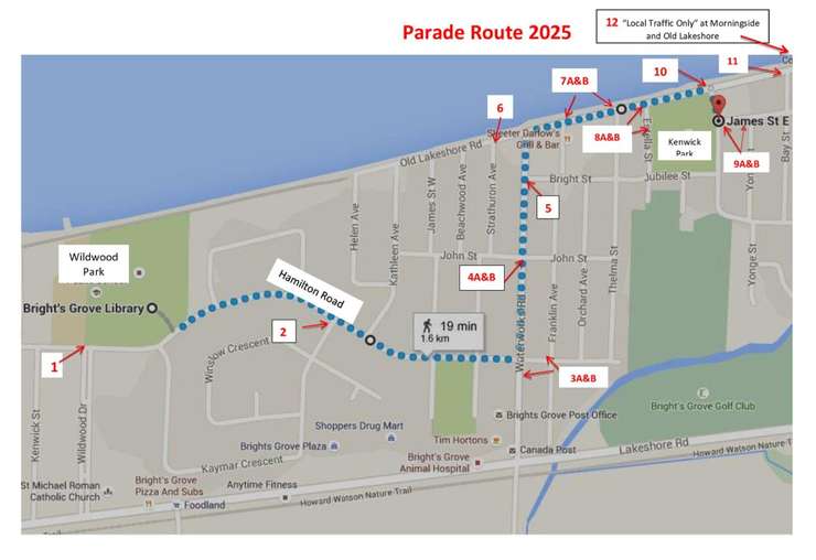 Parade route for Canada Day in the Grove. (Photo courtesy of the Bright's Grove Optimist Club via Facebook)