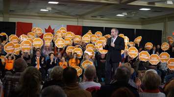 NDP leader Tom Mulcair addresses crowd of 1,000 at Dante Club. October 4, 2015 (BlackburnNews.com Photo by Briana Carnegie)