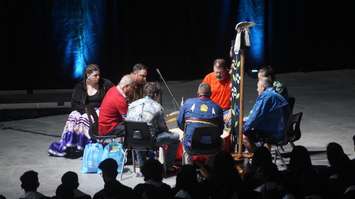 Zhowske Miingan (Blue Wolf) at Lambton College's 2023 morning convocation ceremony. June 7, 2023. (Photo by Natalia Vega)