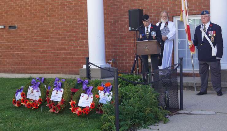Sarnia Legion Past President Les Jones speaks at D-Day ceremony. June 6, 2024. (Photo by Natalia Vega) 