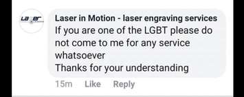A Facebook post made by London company Laser in Motion. (Photo screen-captured from Facebook)