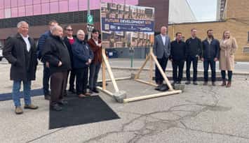 Future development announcement for Pelissier Street parking lot, March 25, 2026. (Photo by Maureen Revait) 