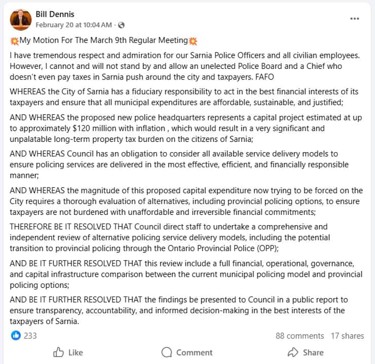 City/County Councillor Bill Dennis shares his motion over Facebook for the upcoming city council meeting. (screenshot)